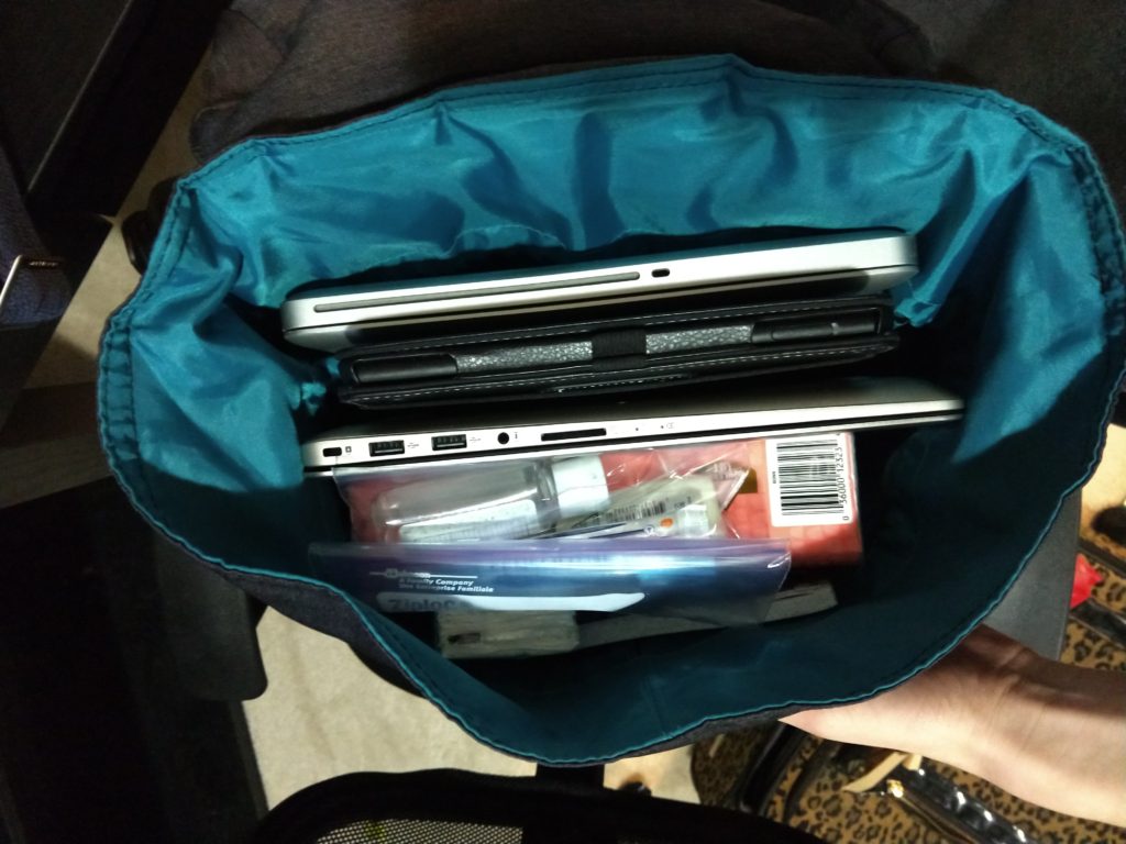 The inside of my backpack: There was plenty of room for both laptops, my Amazon Fire, and lots more.