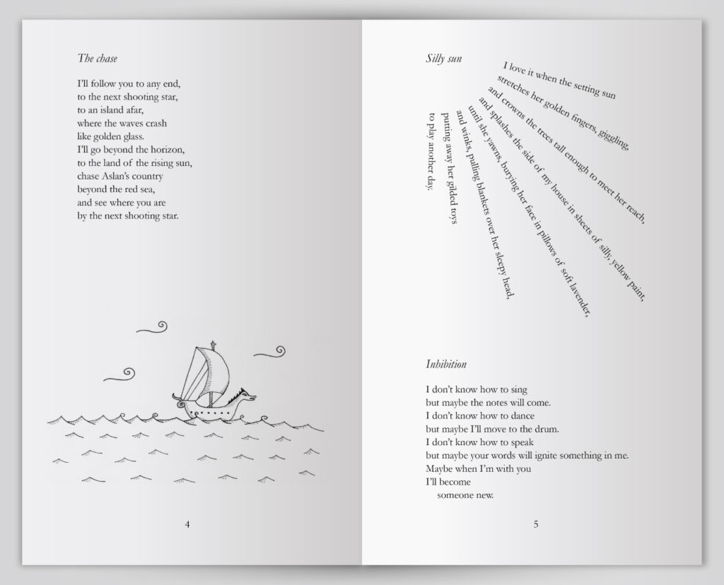 A spread with three short poems, along with a black and white illustration of a child-book ship at sea, drawn with thin, delicate, curly lines.