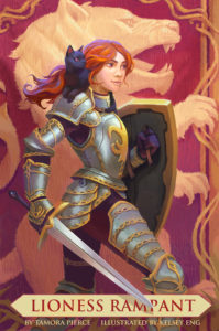 A smiling, red-headed female knight, not at all sexualized, with a cat on her shoulder and both sword and shield in hand. She is a character from a Tamora Pierce book, as imagined by Kelsey Eng.