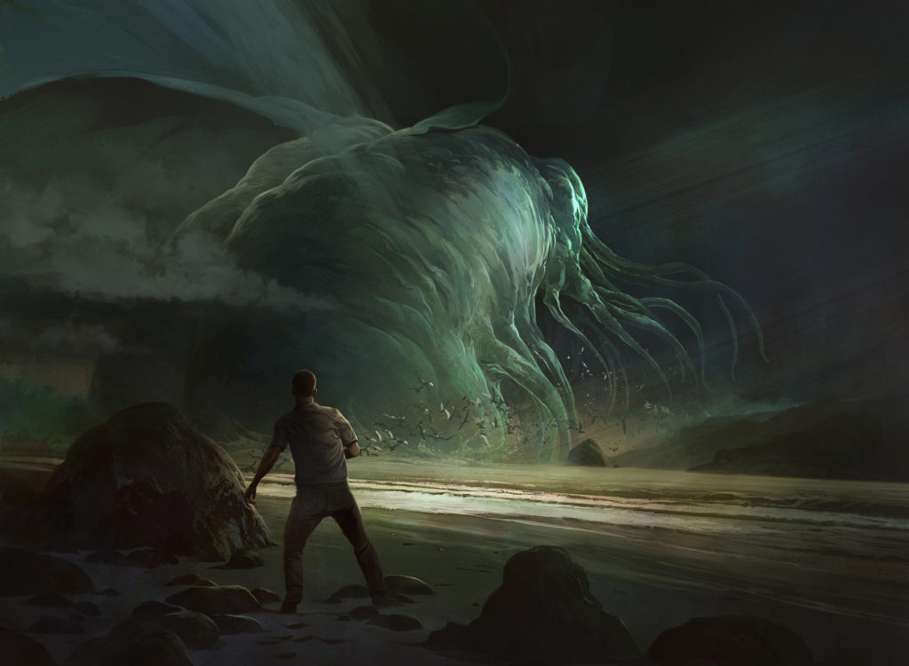 A man stands on a beach, watching a massive, tentacled, Lovecraftian monster rise ominously from the sea.