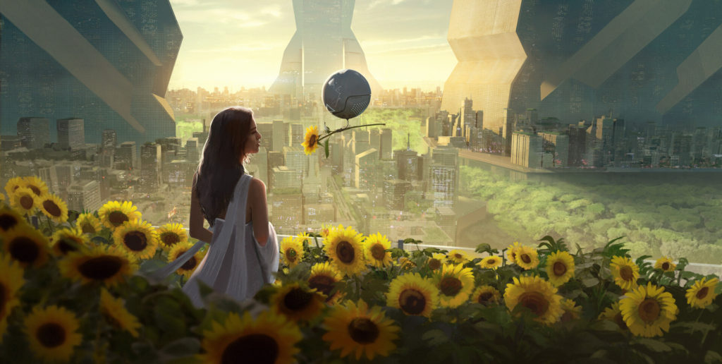 A woman in an elegant white dress stands in a sunflower field. A floating robot brings her a flower. Beyond her stretch green, beautiful cities.