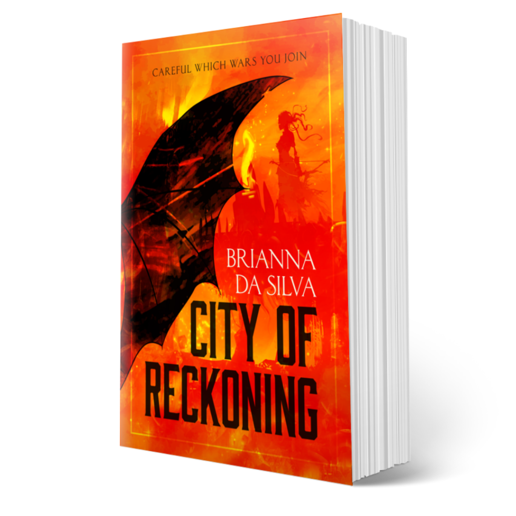 A mockup of the cover for City of Reckoning shows a bat wing, and behind it an archer girl against a fiery, angry background.