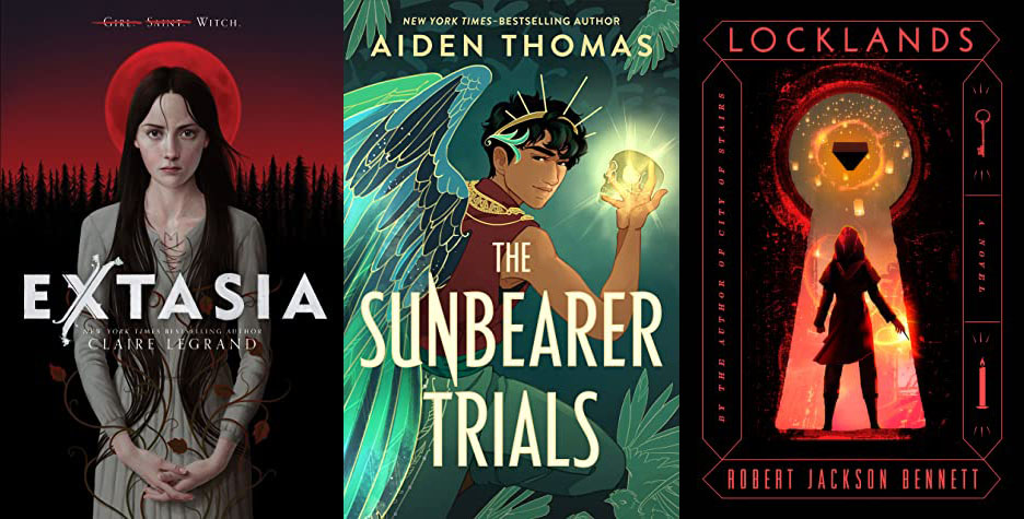 Three book covers for queer fantasy coming out in 2022: Extasia by Claire Legrand, The Sunbearer Trials by Aiden Thomas, and Locklands by Robert Jackson Bennett