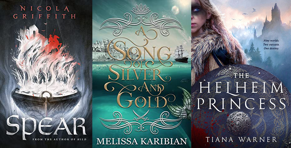Three book covers of queer mythology books coming out in 2022, including: Spear by Nicola Griffith, A Song of Silver and Gold by Melissa Karibian, and The Helheim Princess by Tiana Warner.