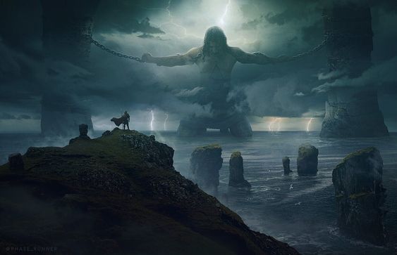 Fantasy art of a small hero standing before a massive god-like being chained between two enormous pillars. Green clouds and lightning surround the bowing titan.